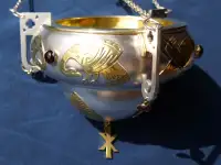 Подвесная лампада в стиле Модерн авторской работы из серебра 925, украшенная перегородчатыми эмалями и гранатами., фотография 10