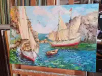 Картина маслом на холсте Лодки у скалистого берега море