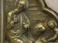 Старинный набор накладок для напрестольного Евангелия. Серебро 84, лицевое шитье. Кострома, XIX в., фотография 9