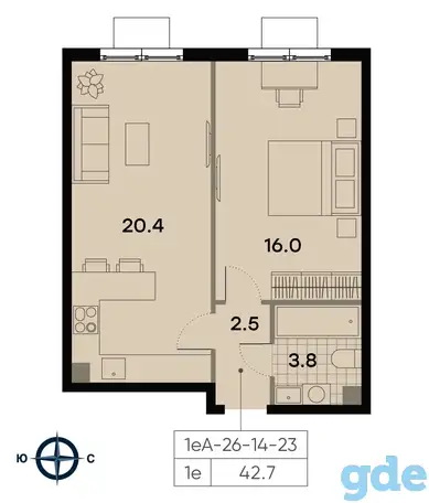 1-но комнатная квартира, 42,70 м², 14 эт., ЖК Park Side, Парк Сайд, фотография 1