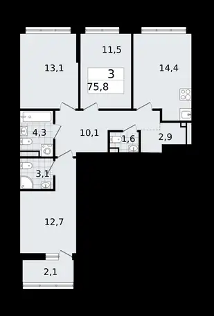 3-х комнатная квартира, 75,80 м², 8 эт., ЖК А101 Всеволожск, фотография 1