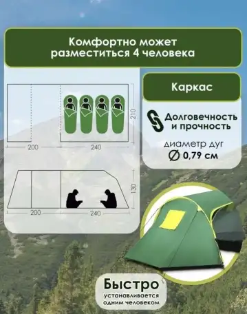 Палатка туристическая 4х местная с тентом тамбуром водонепроницаемая двухслойная, фотография 3