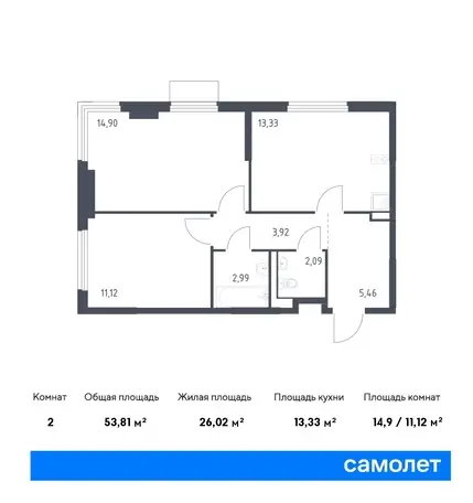 2-х комнатная квартира, 53,81 м², 6 эт., ЖК Пригород Лесное, фотография 1