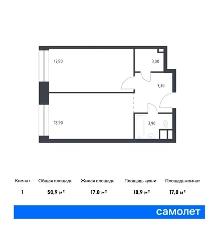 1-но комнатная квартира, 50,90 м², 8 эт., ЖК Стремянный 2, фотография 1
