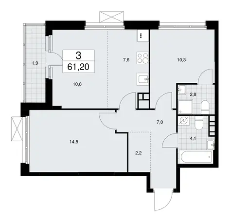 2-х комнатная квартира, 61,20 м², 4 эт., ЖК Скандинавия, фотография 2