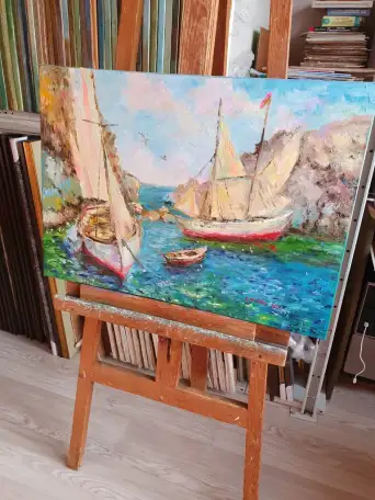 Картина маслом на холсте Лодки у скалистого берега море, фотография 3
