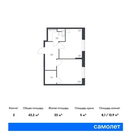 2-х комнатная квартира, 42,20 м², 9 эт., ЖК Цветочные поляны, фотография 1