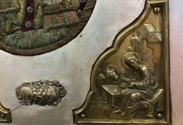 Старинный набор накладок для напрестольного Евангелия. Серебро 84, лицевое шитье. Кострома, XIX в., фотография 11