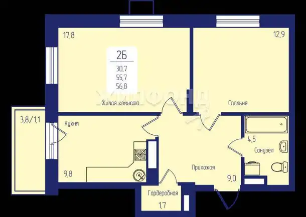 Продается 2-комн. квартира 57 кв.м., фотография 1