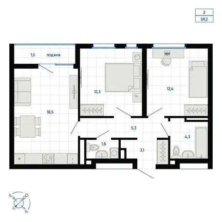 Продается 2-комн. квартира 59.2 м2 в новостройке, фотография 1