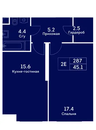 2-х комнатная квартира, 45,10 м², 25 эт., ЖК Ever, Эвер, фотография 1