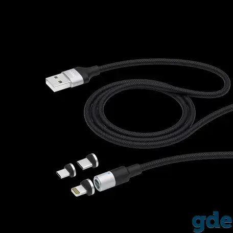 Дата-кабель usb 3 в 1: micro usb, usb-c, ligthning, 2.4a, магнитный, ткань, черный, deppa, фотография 1