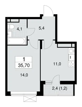 1-но комнатная квартира, 35,70 м², 15 эт., ЖК Прокшино, фотография 2