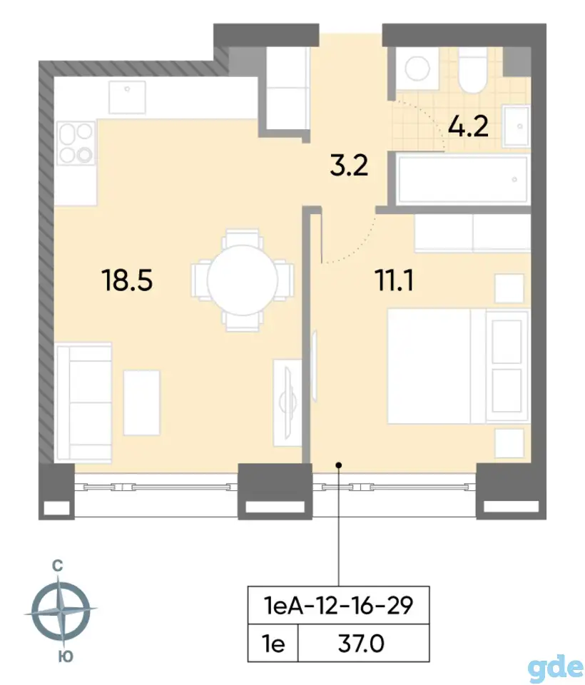 1-но комнатная квартира, 37,00 м², 20 эт., ЖК Wave, Вэйв, фотография 1