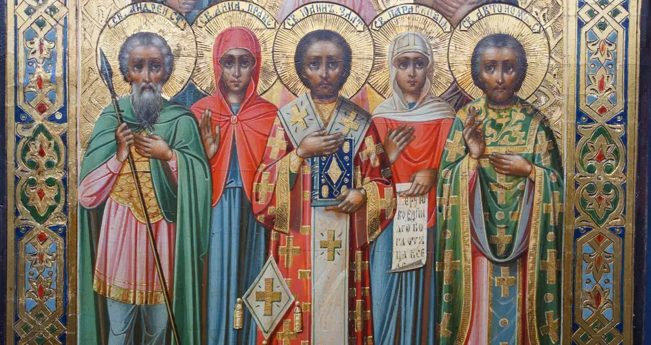 Старинный образ школьного письма Палех с изображением избранных святых. С-Петербург, XIX век., фотография 15