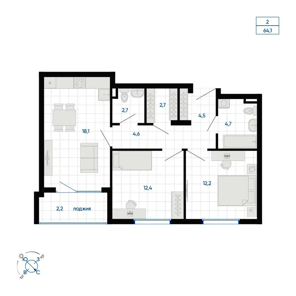 Продается 2-комн. квартира 64.1 м2 в новостройке, фотография 1