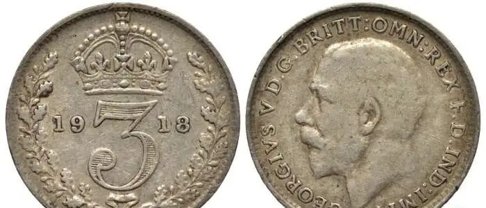 3 пенса Великобритании с портретом короля 1918г, фотография 1