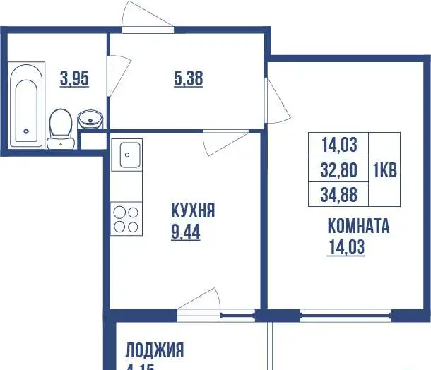 1-комнатная квартира, 34.88 м², 4 эт., Парнас м., Заречная улица, 13к7, фотография 3