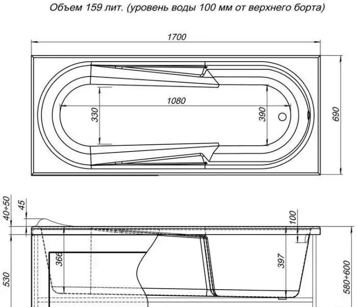 Ванна 170х70 акриловая Aquanet Hellas, фотография 4