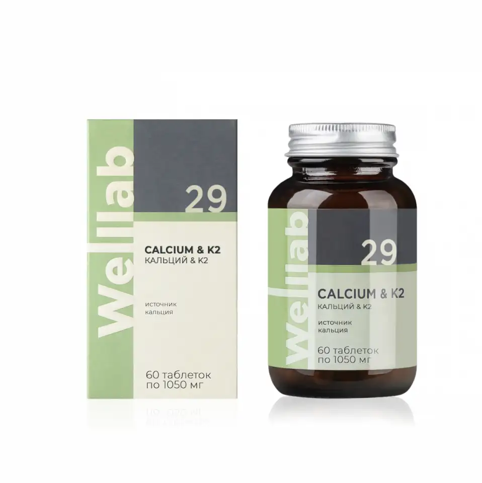 БАД с кальцием для взрослых и детей с 3 лет Welllab Calcium  Vitamin K2 60 таблеток, фотография 1