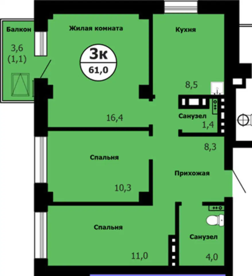 Квартира, 61,00 м², 7 эт., Октябрьский, Лесопарковая ул, 43, фотография 1