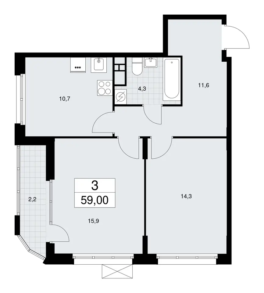 2-х комнатная квартира, 59,00 м², 19 эт., ЖК Бунинские Кварталы, фотография 1