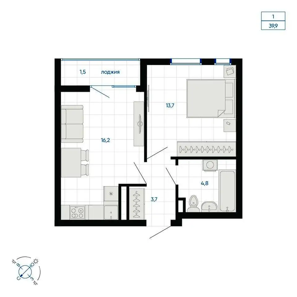 Продается 1-комн. квартира 39.9 м2 в новостройке, фотография 1