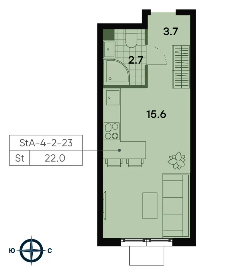 1-но комнатная квартира, 22,00 м², 17 эт., ЖК Park Side, Парк Сайд, фотография 4