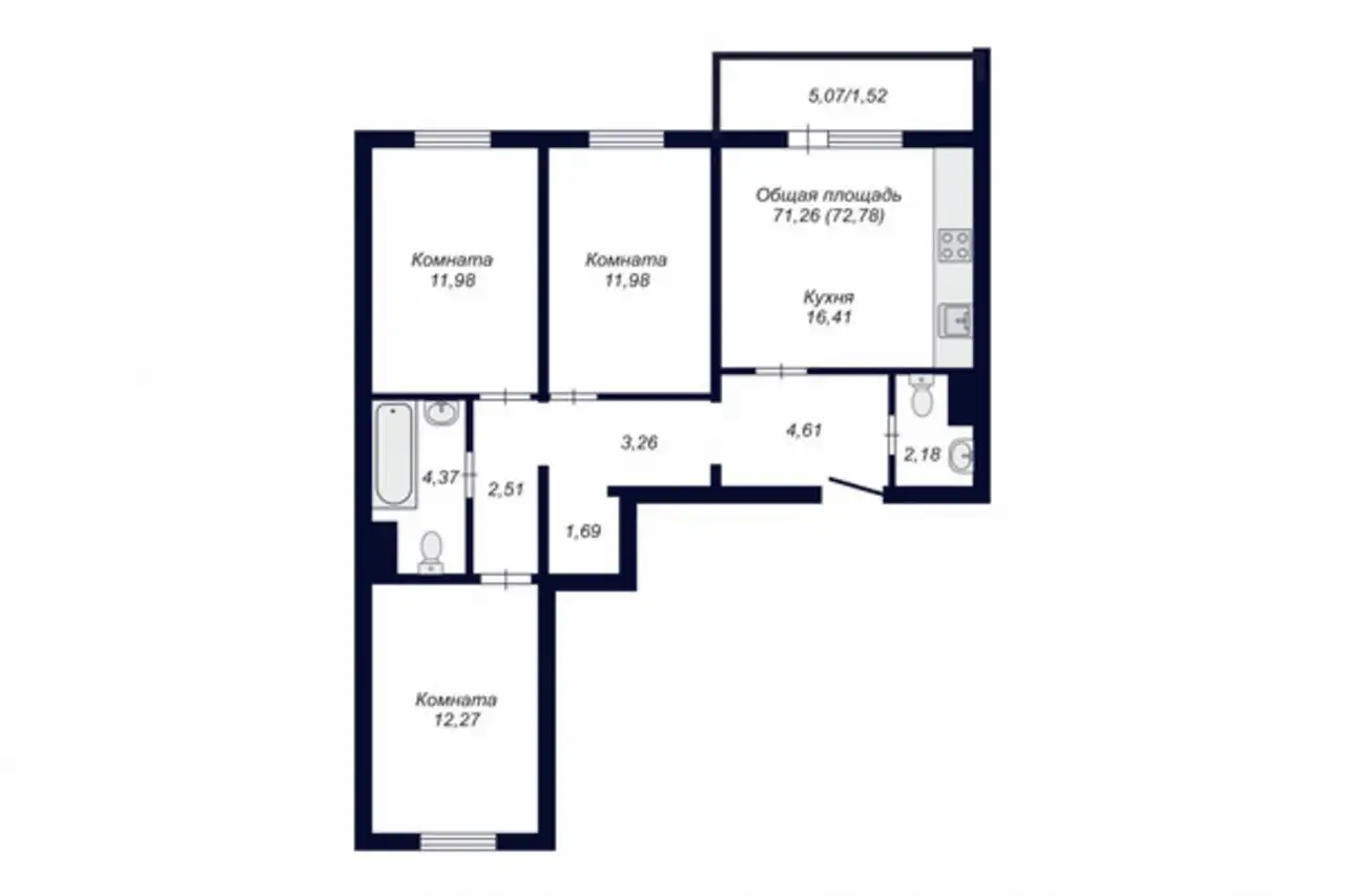 Квартира, 72,78 м², 5 эт., Курчатовский, Краснопольский пр-кт, 24, фотография 4