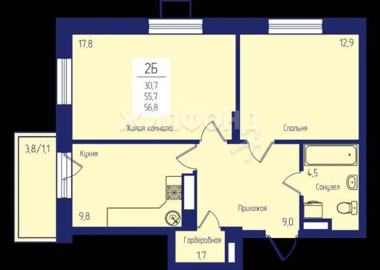 Продается 2-комн. квартира 57 кв.м., фотография 1