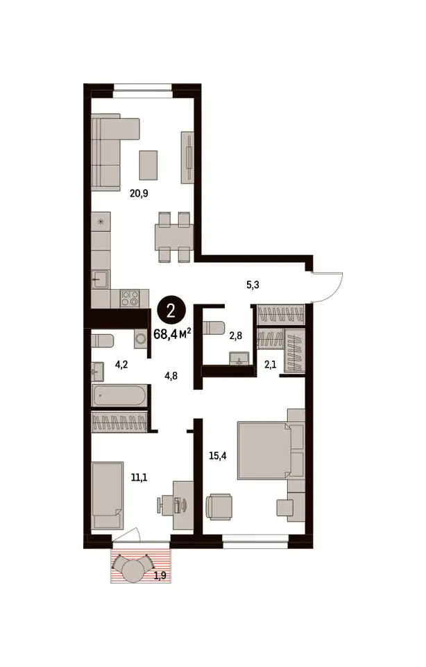 2-х комнатная квартира, 68,40 м², 3 эт., ЖК Первый Квартал, фотография 1