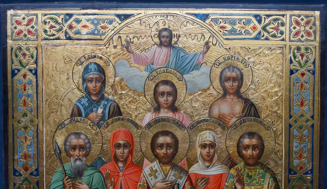 Старинный образ школьного письма Палех с изображением избранных святых. С-Петербург, XIX век., фотография 2