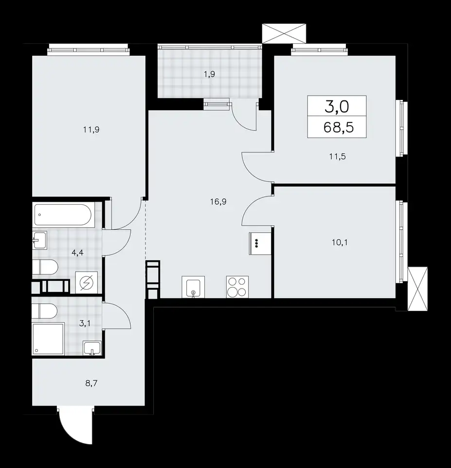 3-х комнатная квартира, 68,50 м², 5 эт., ЖК А101 Лаголово, фотография 1