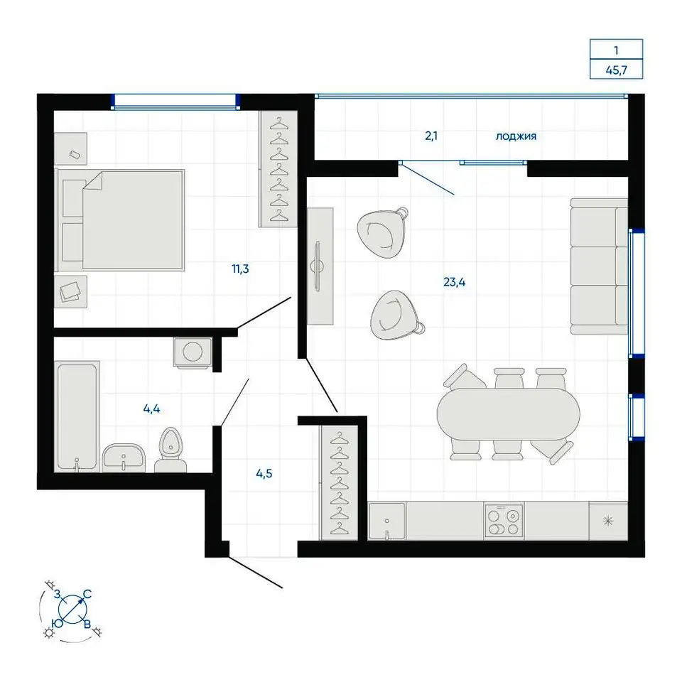 Продается 1-комн. квартира 45.7 м2 в новостройке, фотография 1