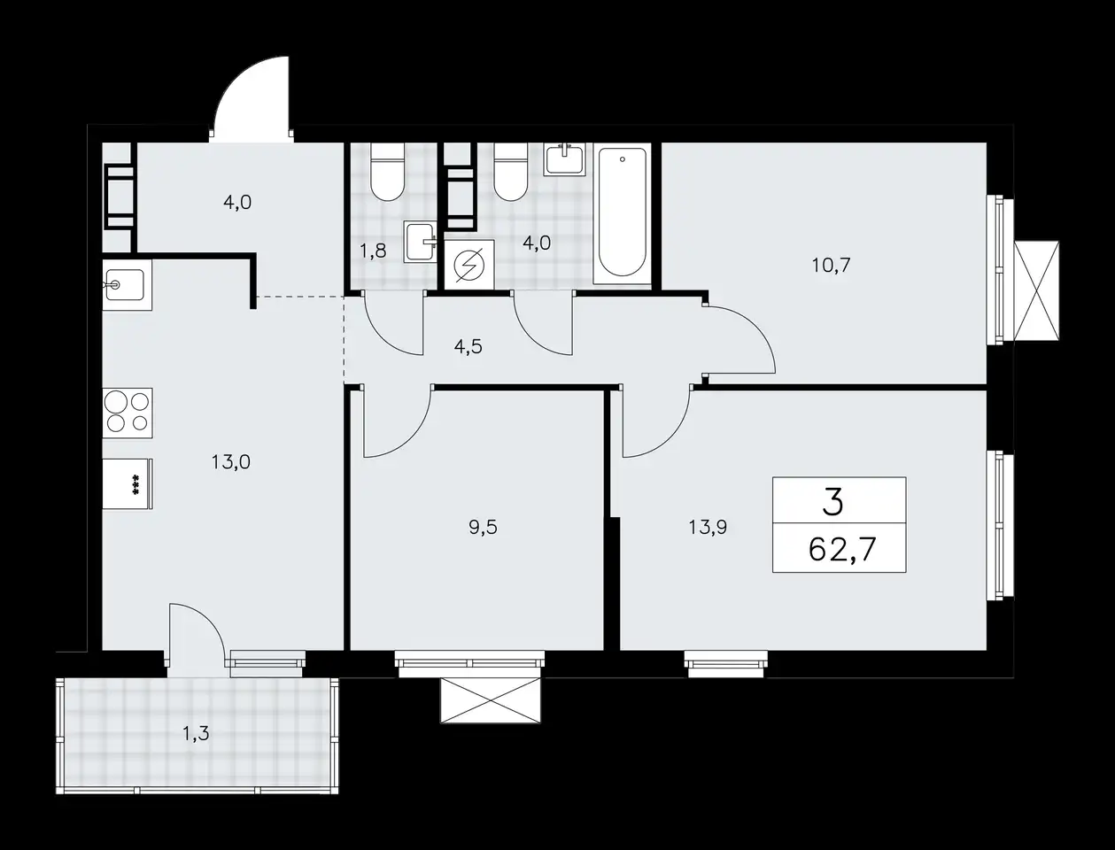 3-х комнатная квартира, 62,70 м², 4 эт., ЖК А101 Лаголово, фотография 1