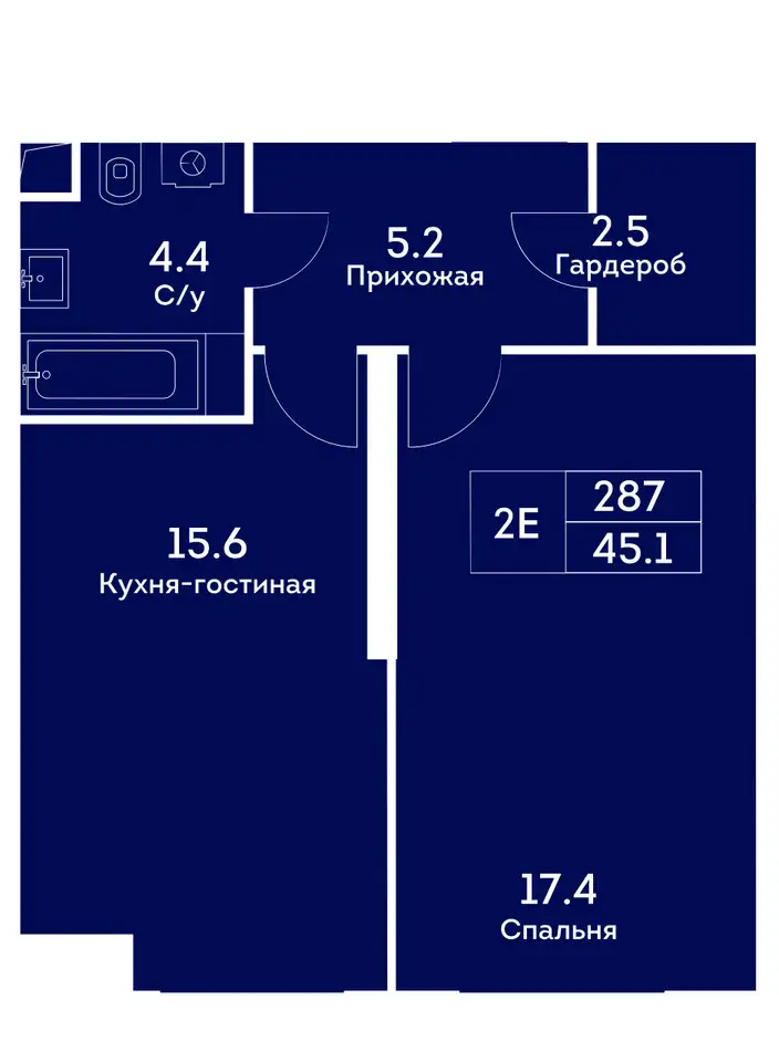 2-х комнатная квартира, 45,10 м², 25 эт., ЖК Ever, Эвер, фотография 1