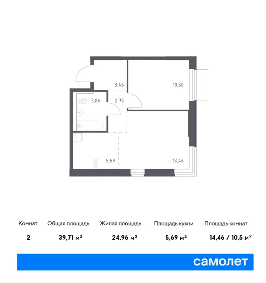 2-х комнатная квартира, 39,71 м², 2 эт., ЖК Пригород Лесное, фотография 1