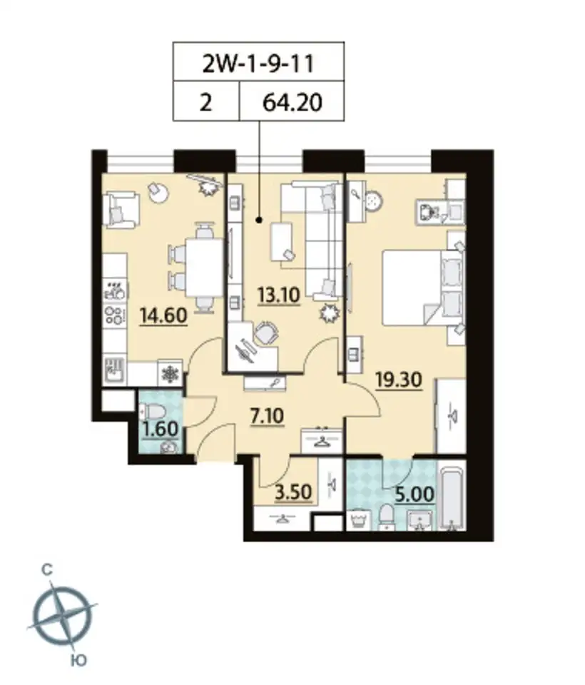 2-х комнатная квартира, 64,20 м², 11 эт., ЖК ЗИЛАРТ, фотография 1