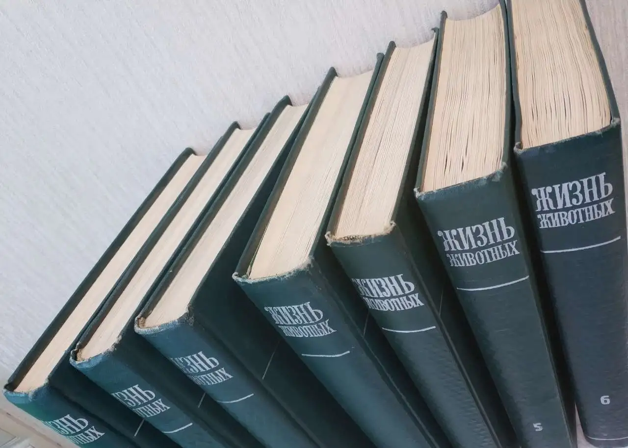 Энциклопедия Жизнь животных 1968 ред Зенкевич 6 томов 7 книг Красочные иллюстрации формат A4 цвет томов зелёный фауна, фотография 2