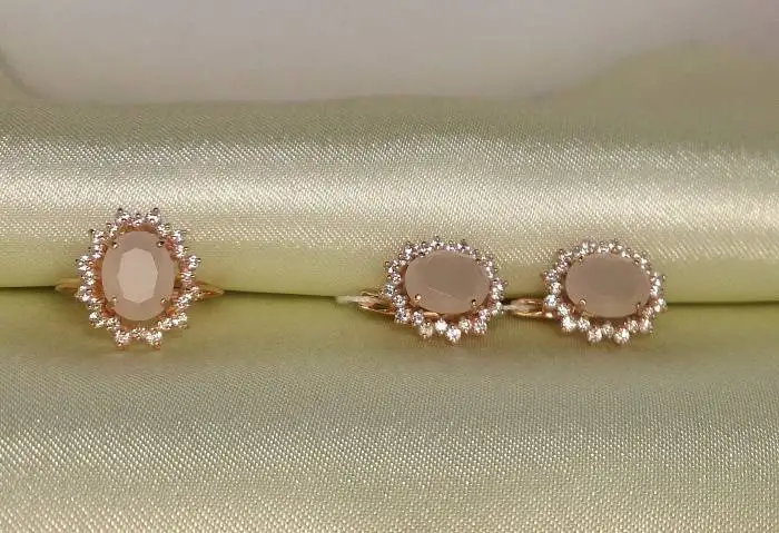 Серебряный набор с розовым кварцем, позолота, фотография 1